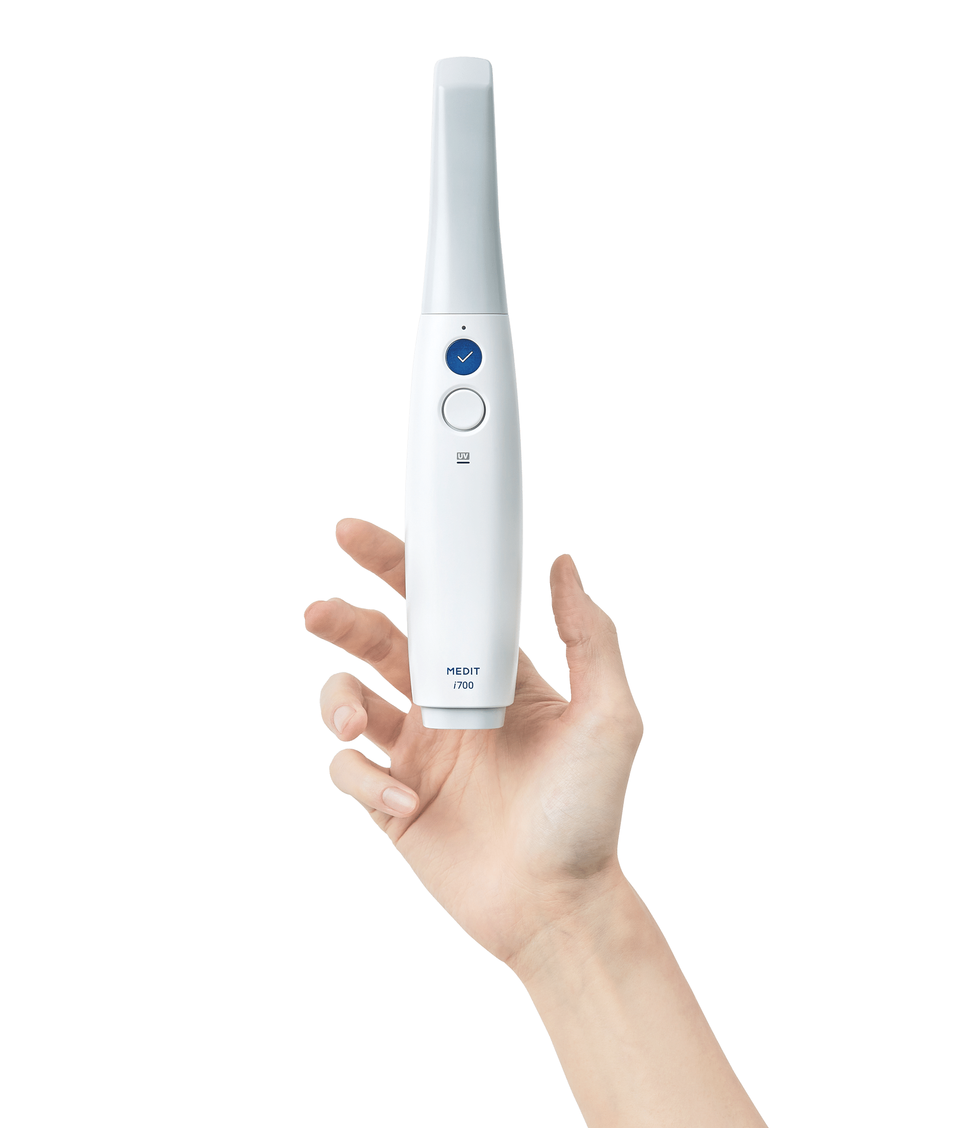 I700_with-hand-exp-less - Medit Intraoral Scanner and Dental Software uma mão segurando Medit I700 sem fio